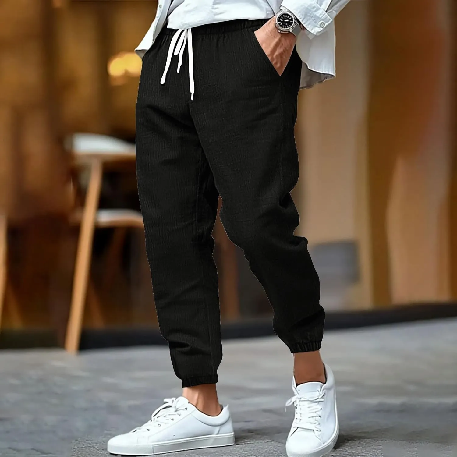 WENKOMG1 Mens Cotton Linen Pants Summer Ankle Length Tapered Elastic Waist Casual Pants Lightweight Breathable Joggers