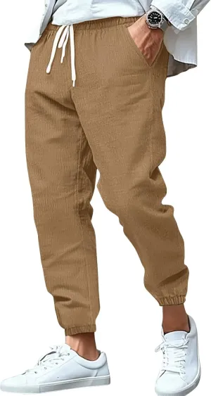 WENKOMG1 Mens Cotton Linen Pants Summer Ankle Length Tapered Elastic Waist Casual Pants Lightweight Breathable Joggers