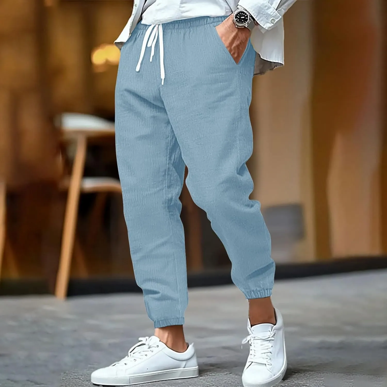 WENKOMG1 Mens Cotton Linen Pants Summer Ankle Length Tapered Elastic Waist Casual Pants Lightweight Breathable Joggers