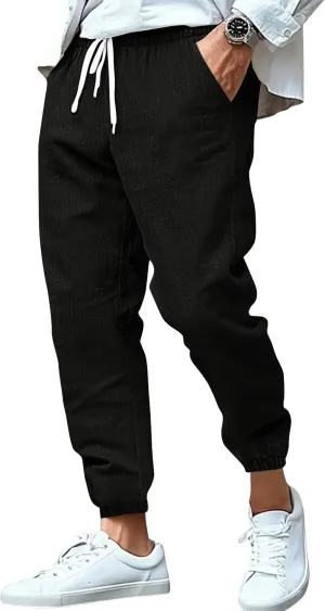 WENKOMG1 Mens Cotton Linen Pants Summer Ankle Length Tapered Elastic Waist Casual Pants Lightweight Breathable Joggers