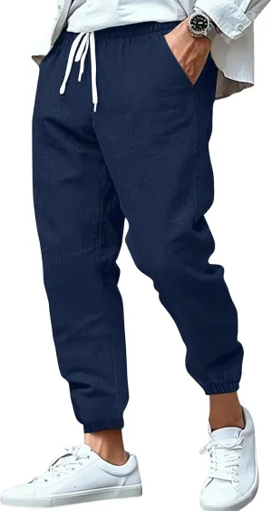 WENKOMG1 Mens Cotton Linen Pants Summer Ankle Length Tapered Elastic Waist Casual Pants Lightweight Breathable Joggers