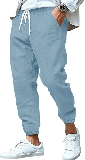 WENKOMG1 Mens Cotton Linen Pants Summer Ankle Length Tapered Elastic Waist Casual Pants Lightweight Breathable Joggers