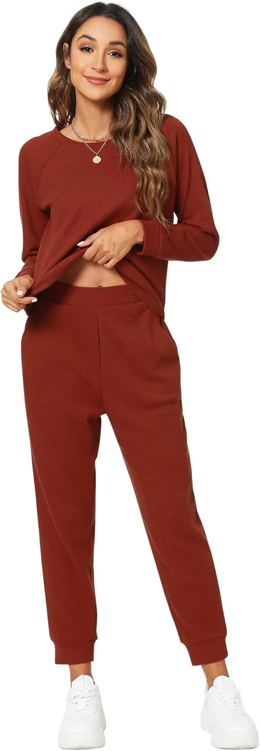 WiWi Pajamas Set for Women Waffle Knit Sleepwear Long Sleeve Tops and Jogger Pants with Pockets Loungewear S-XXL