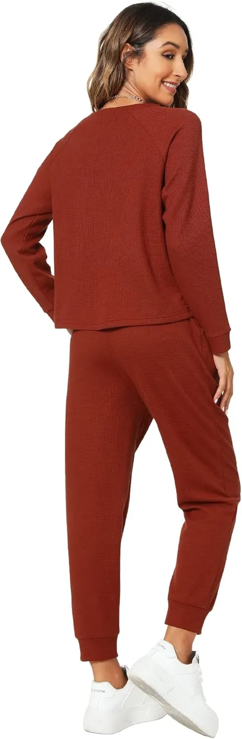 WiWi Pajamas Set for Women Waffle Knit Sleepwear Long Sleeve Tops and Jogger Pants with Pockets Loungewear S-XXL