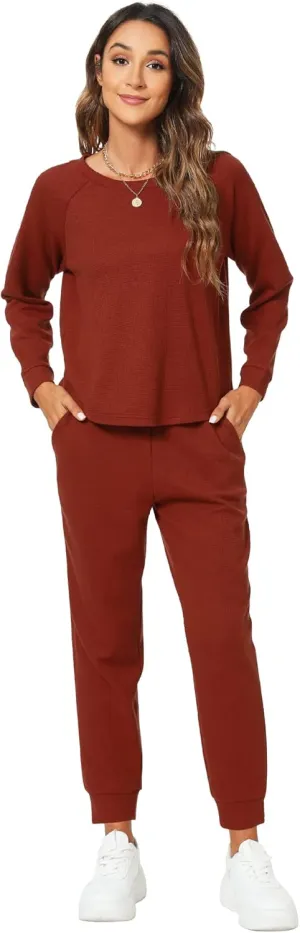 WiWi Pajamas Set for Women Waffle Knit Sleepwear Long Sleeve Tops and Jogger Pants with Pockets Loungewear S-XXL