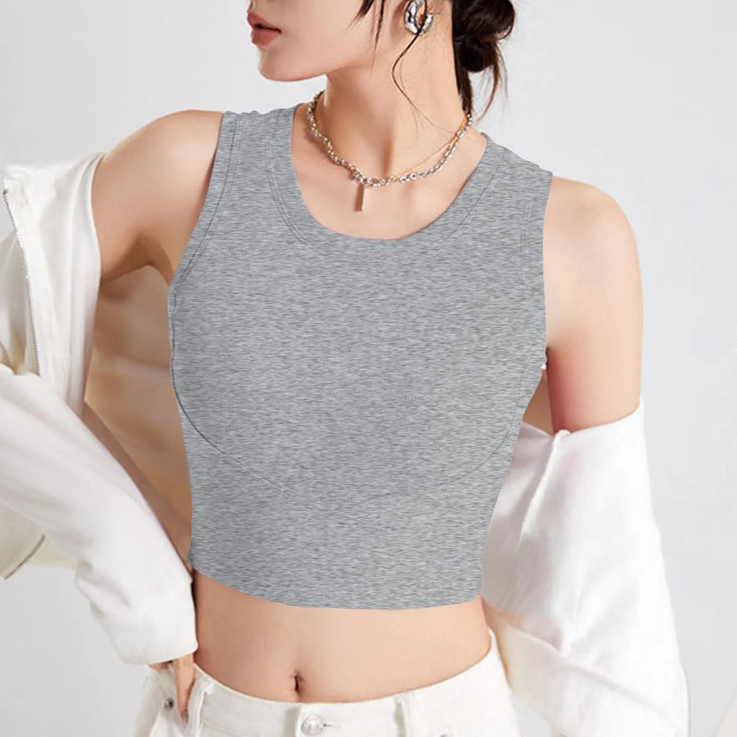 Wmens Crop Tank Tops with Built in Bra Sexy Basic Shelf Bras Yoga Shirts Slim High Neck Padded Camisoles Undershirt