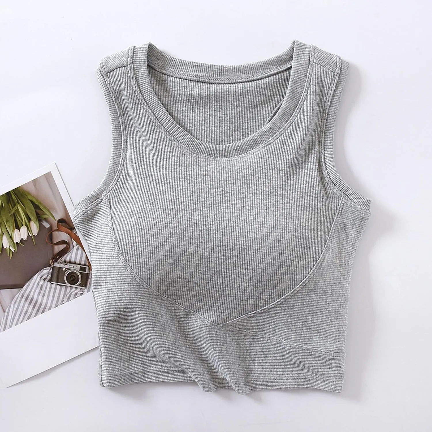 Wmens Crop Tank Tops with Built in Bra Sexy Basic Shelf Bras Yoga Shirts Slim High Neck Padded Camisoles Undershirt