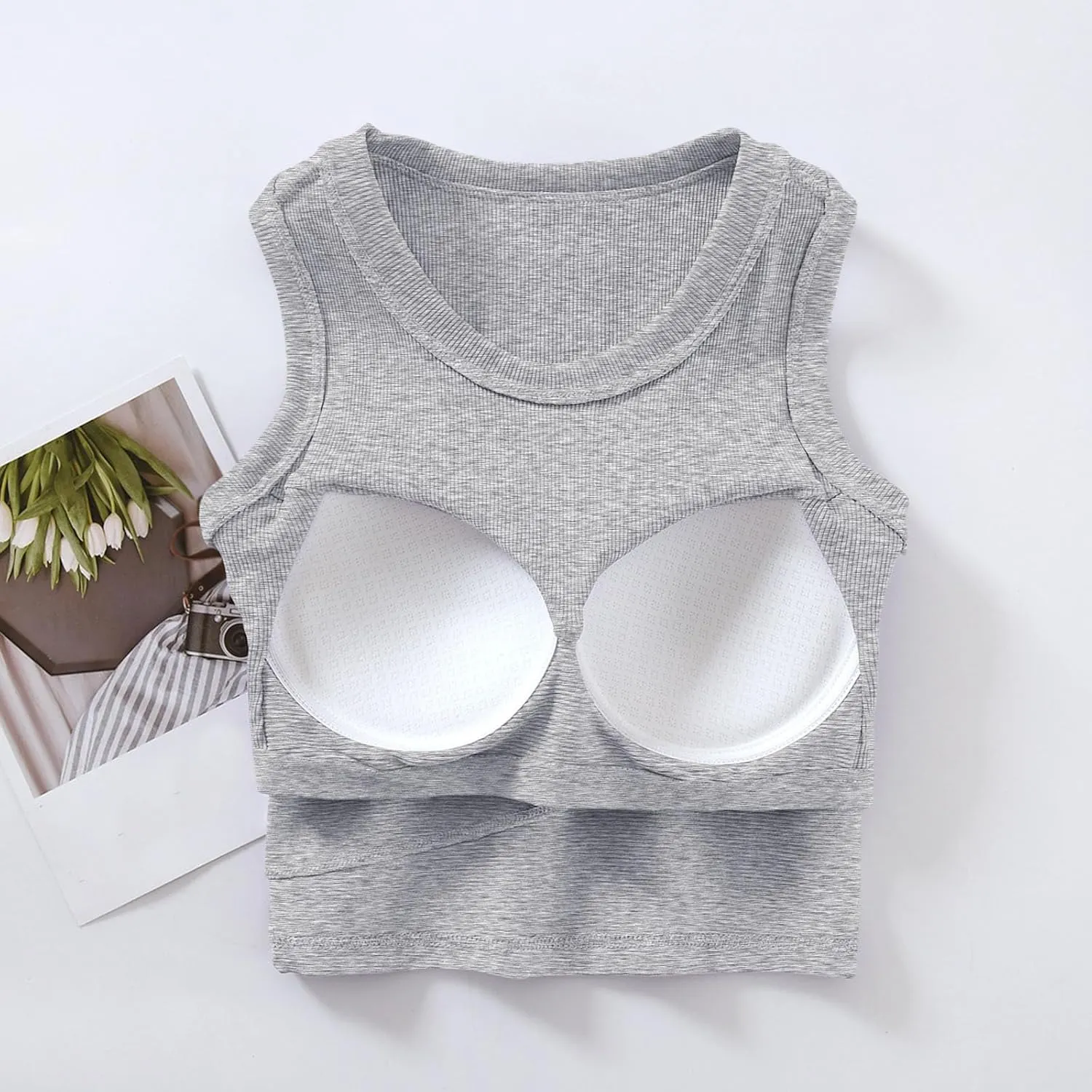 Wmens Crop Tank Tops with Built in Bra Sexy Basic Shelf Bras Yoga Shirts Slim High Neck Padded Camisoles Undershirt