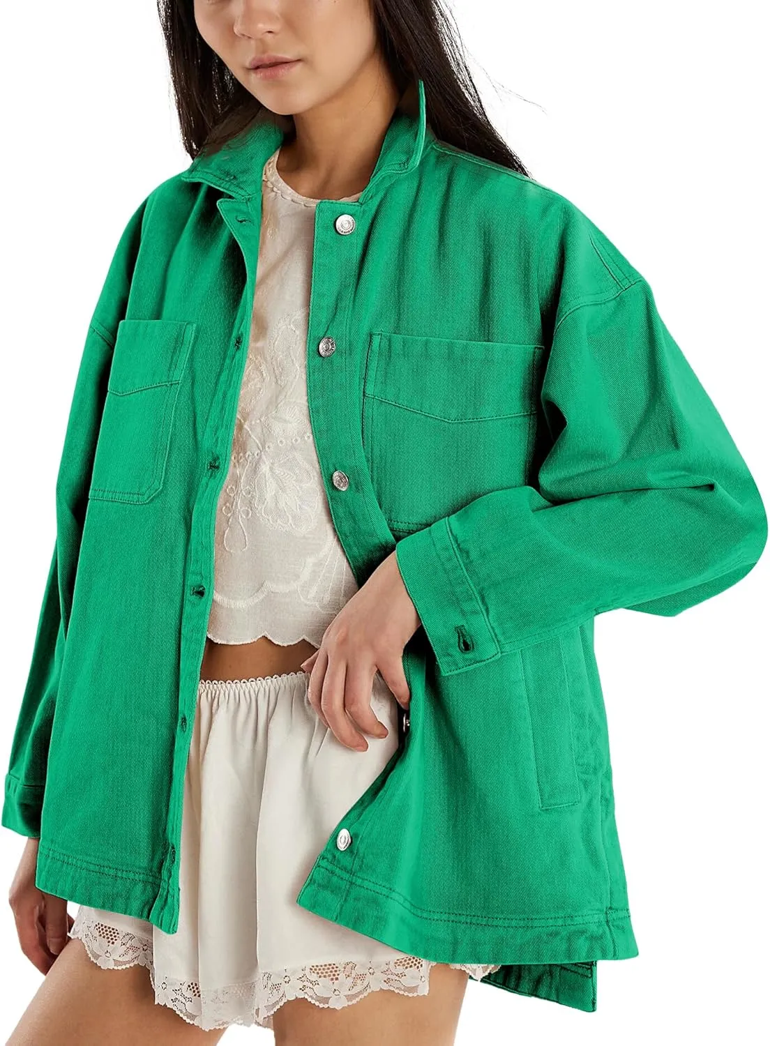 Women Denim Jackets Long Sleeve Plus Size Bottom Down Side Slit Vintage City Jean Jacket Shacket Coat with Pockets