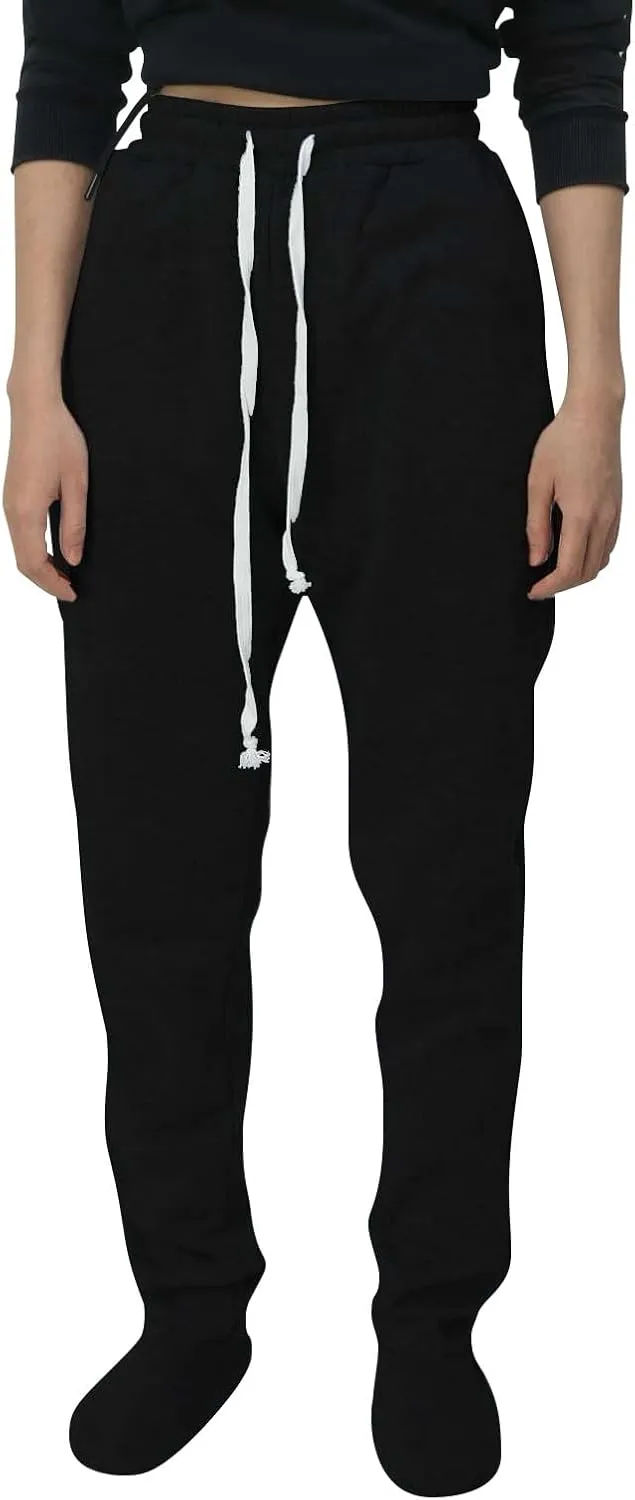 Women Footed Sweatpants Sherpa Fleece Lined Drawstring Pants Winter Soft Warm Nightwear Loungewear Solid Footed Loose Pajamas