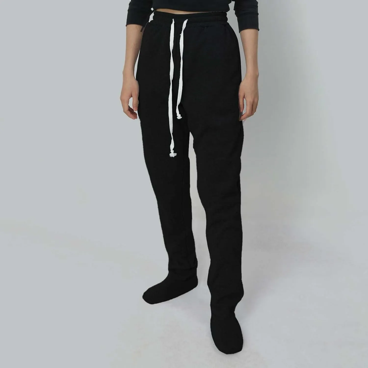 Women Footed Sweatpants Sherpa Fleece Lined Drawstring Pants Winter Soft Warm Nightwear Loungewear Solid Footed Loose Pajamas