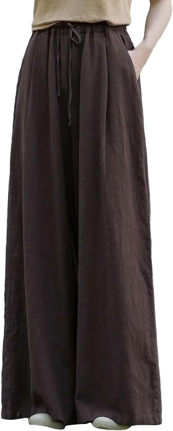 Women Linen Palazzo Pants Summer Boho Wide Leg High Waist Casual Lounge Lightweight Pant Beach Travel Vacation Outfits