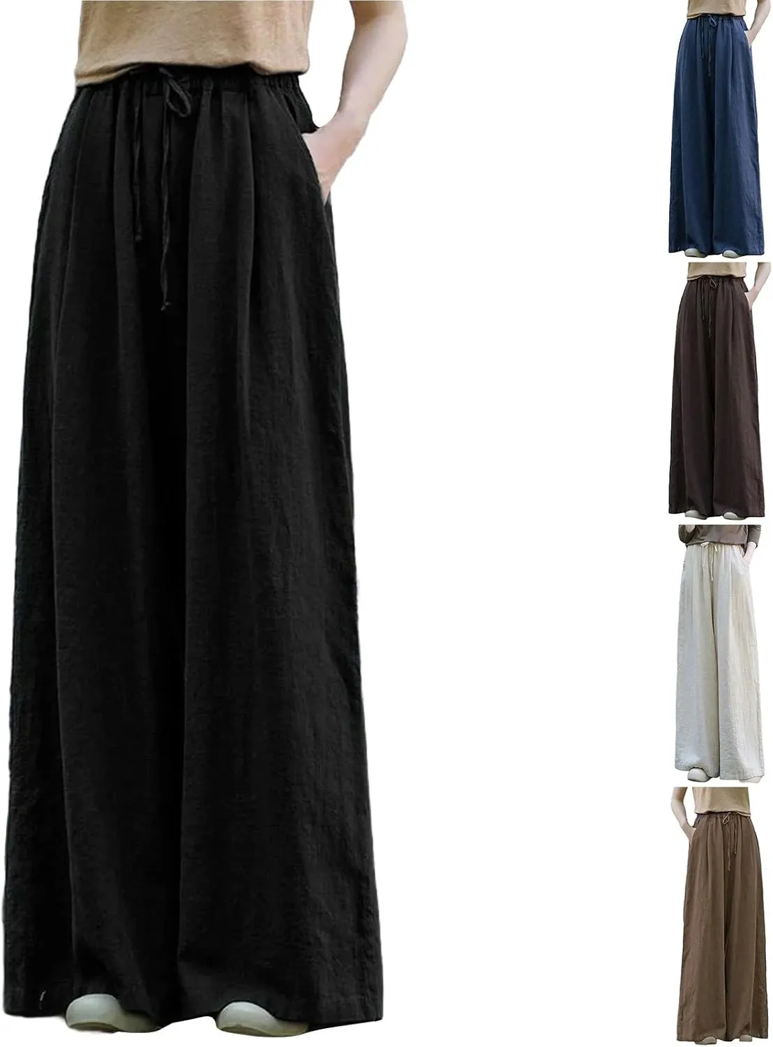 Women Linen Palazzo Pants Summer Boho Wide Leg High Waist Casual Lounge Lightweight Pant Beach Travel Vacation Outfits