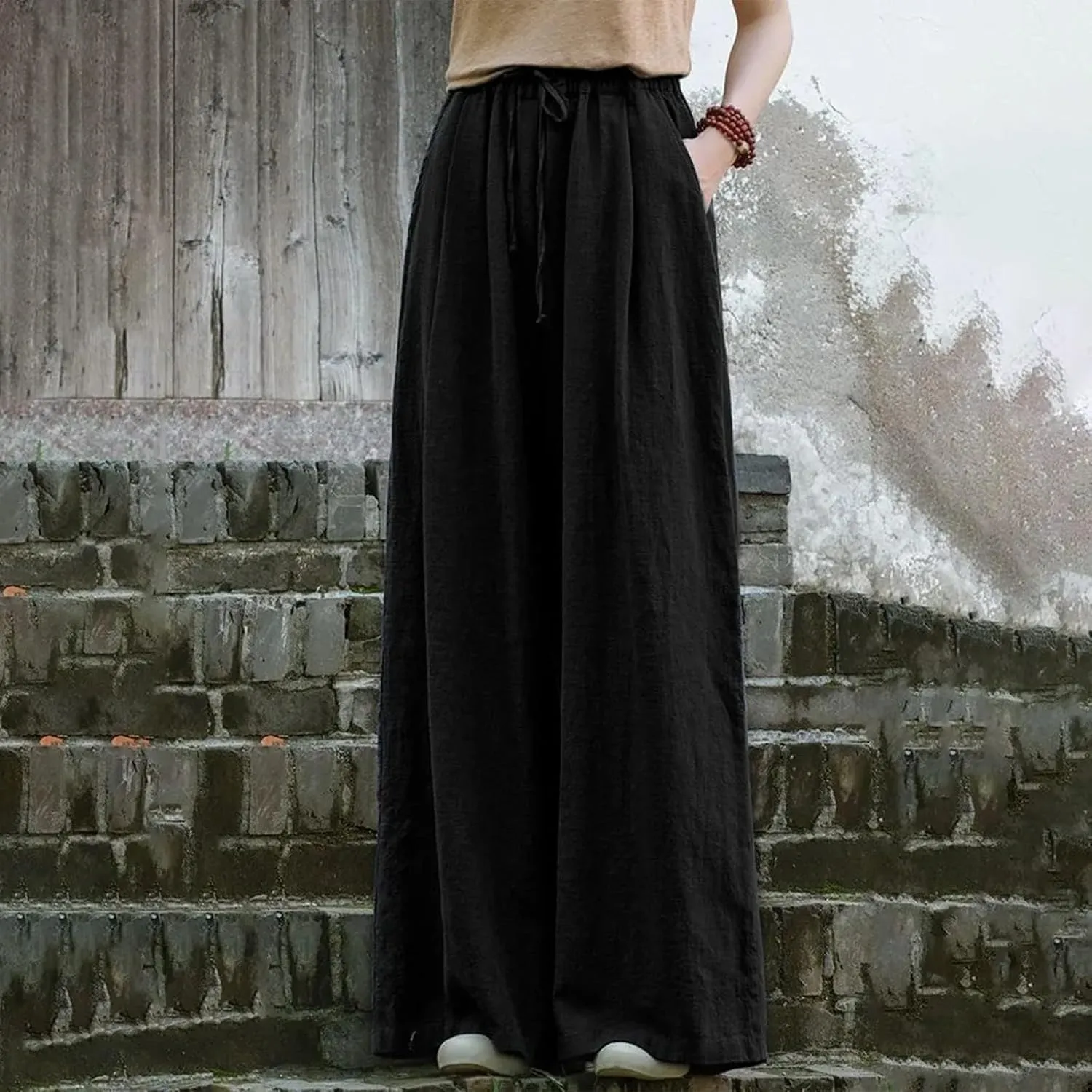 Women Linen Palazzo Pants Summer Boho Wide Leg High Waist Casual Lounge Lightweight Pant Beach Travel Vacation Outfits
