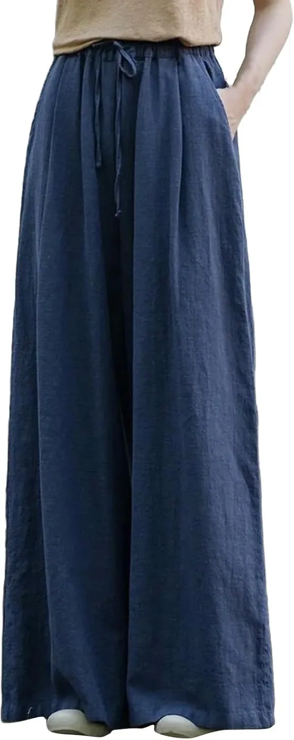 Women Linen Palazzo Pants Summer Boho Wide Leg High Waist Casual Lounge Lightweight Pant Beach Travel Vacation Outfits