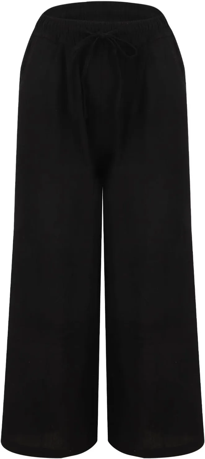 Women Linen Palazzo Pants Summer Boho Wide Leg High Waist Casual Lounge Lightweight Pant Beach Travel Vacation Outfits