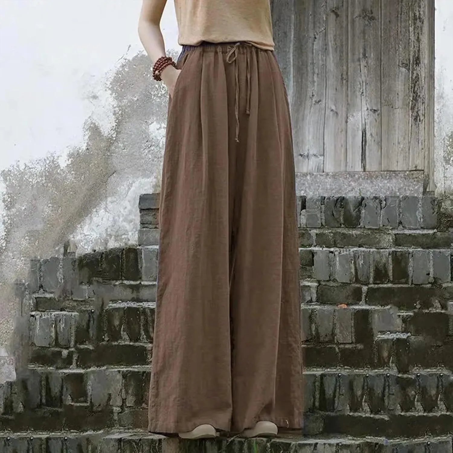Women Linen Palazzo Pants Summer Boho Wide Leg High Waist Casual Lounge Lightweight Pant Beach Travel Vacation Outfits