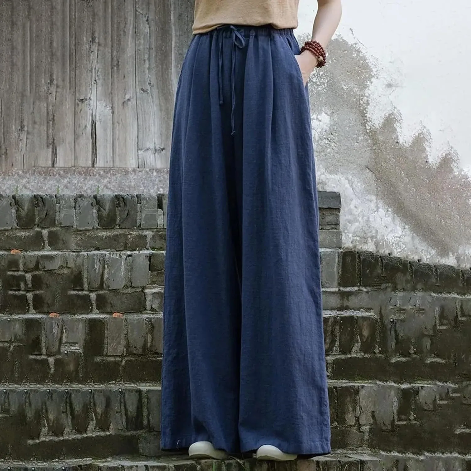 Women Linen Palazzo Pants Summer Boho Wide Leg High Waist Casual Lounge Lightweight Pant Beach Travel Vacation Outfits