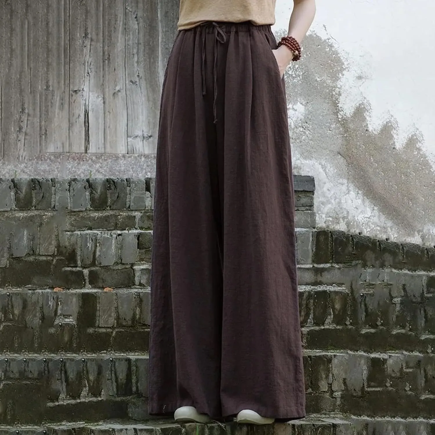 Women Linen Palazzo Pants Summer Boho Wide Leg High Waist Casual Lounge Lightweight Pant Beach Travel Vacation Outfits