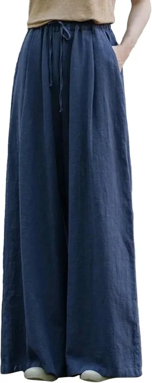 Women Linen Palazzo Pants Summer Boho Wide Leg High Waist Casual Lounge Lightweight Pant Beach Travel Vacation Outfits