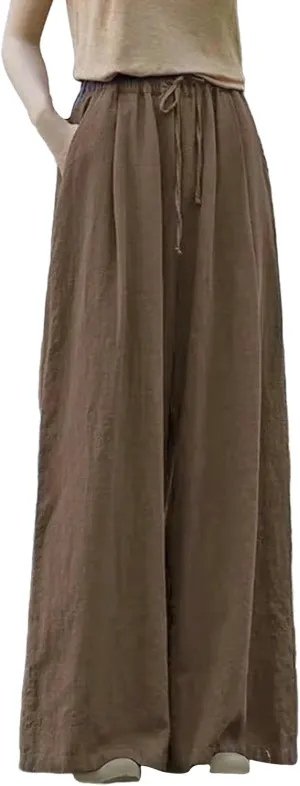 Women Linen Palazzo Pants Summer Boho Wide Leg High Waist Casual Lounge Lightweight Pant Beach Travel Vacation Outfits