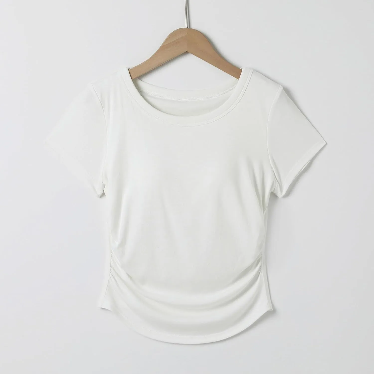 Women Summer Shirts Ruched Side Basic Tees with Built in Shelf Bras Padded Casual Slim Short Sleeve Workout Yoga Tops