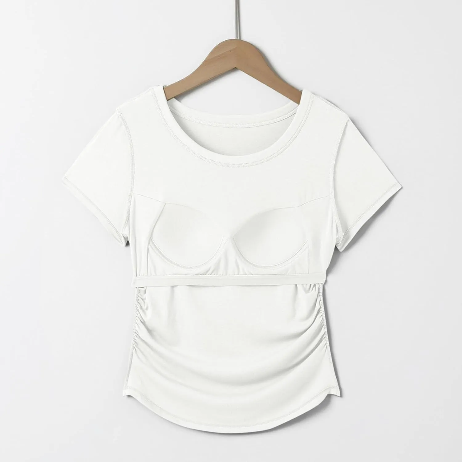 Women Summer Shirts Ruched Side Basic Tees with Built in Shelf Bras Padded Casual Slim Short Sleeve Workout Yoga Tops