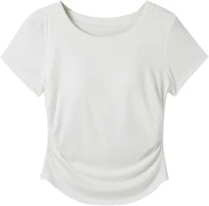 Women Summer Shirts Ruched Side Basic Tees with Built in Shelf Bras Padded Casual Slim Short Sleeve Workout Yoga Tops