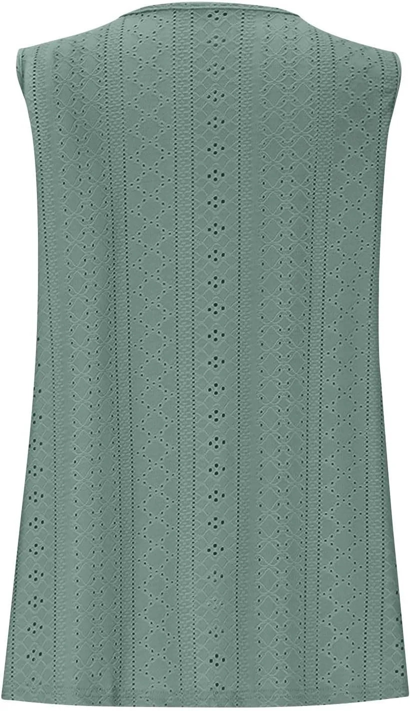 Women Summer Tank Top Eyelet Embroidery Sleeveless V Neck Shirt Loose Work Tunic 2025 Summer Fashion Casual Clothes