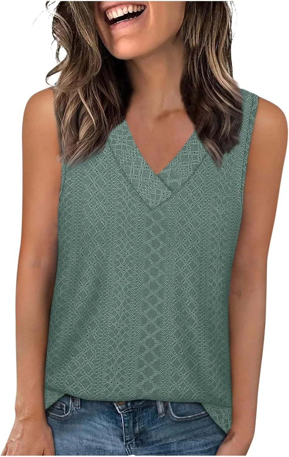 Women Summer Tank Top Eyelet Embroidery Sleeveless V Neck Shirt Loose Work Tunic 2025 Summer Fashion Casual Clothes