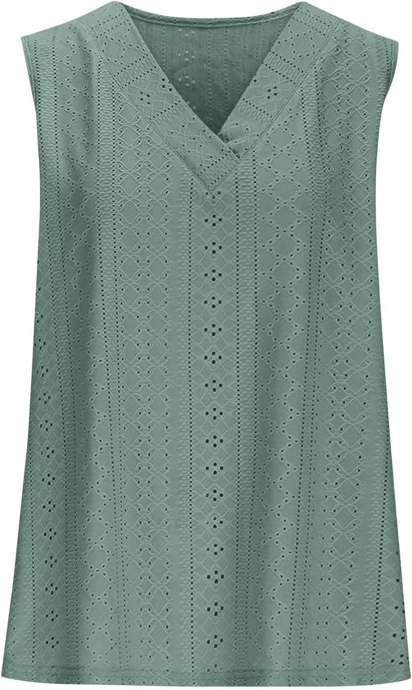 Women Summer Tank Top Eyelet Embroidery Sleeveless V Neck Shirt Loose Work Tunic 2025 Summer Fashion Casual Clothes