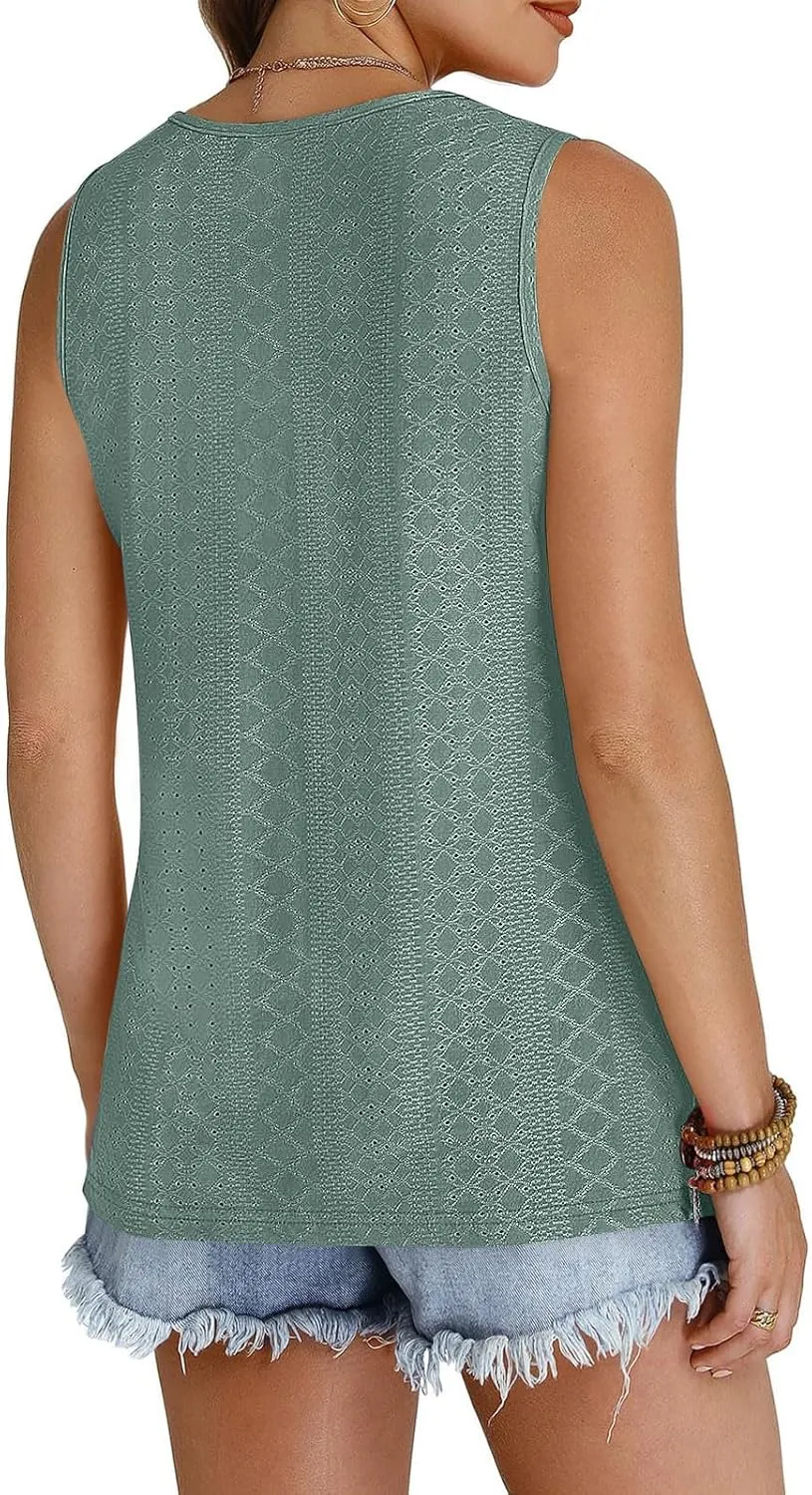 Women Summer Tank Top Eyelet Embroidery Sleeveless V Neck Shirt Loose Work Tunic 2025 Summer Fashion Casual Clothes