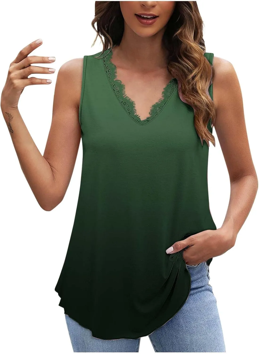 Women Tank Tops Trendy Lace V Neck Sleeveless Blouse Casual Summer Gradient Beach Holiday Camisole Tunic Shirts
