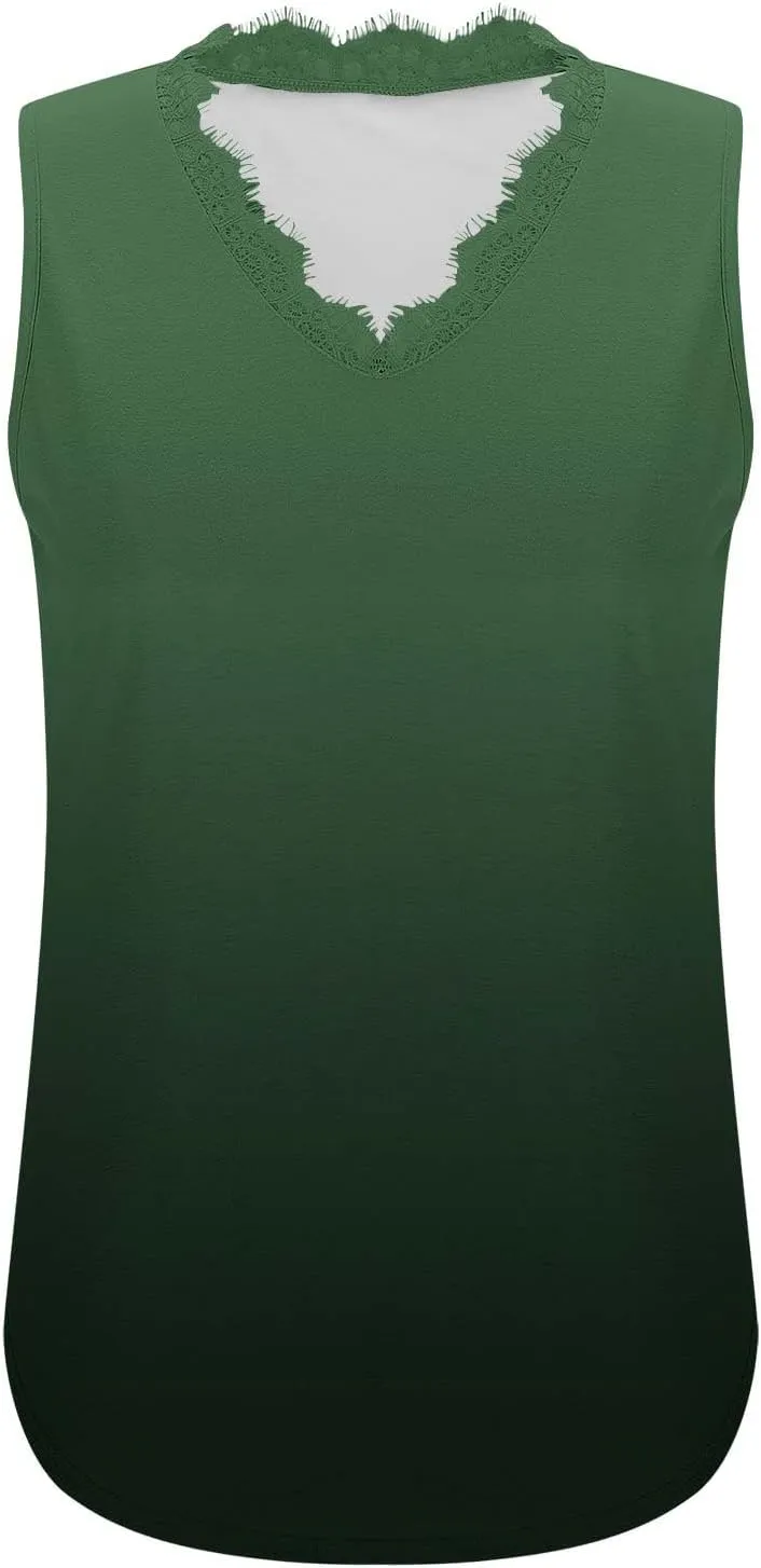 Women Tank Tops Trendy Lace V Neck Sleeveless Blouse Casual Summer Gradient Beach Holiday Camisole Tunic Shirts