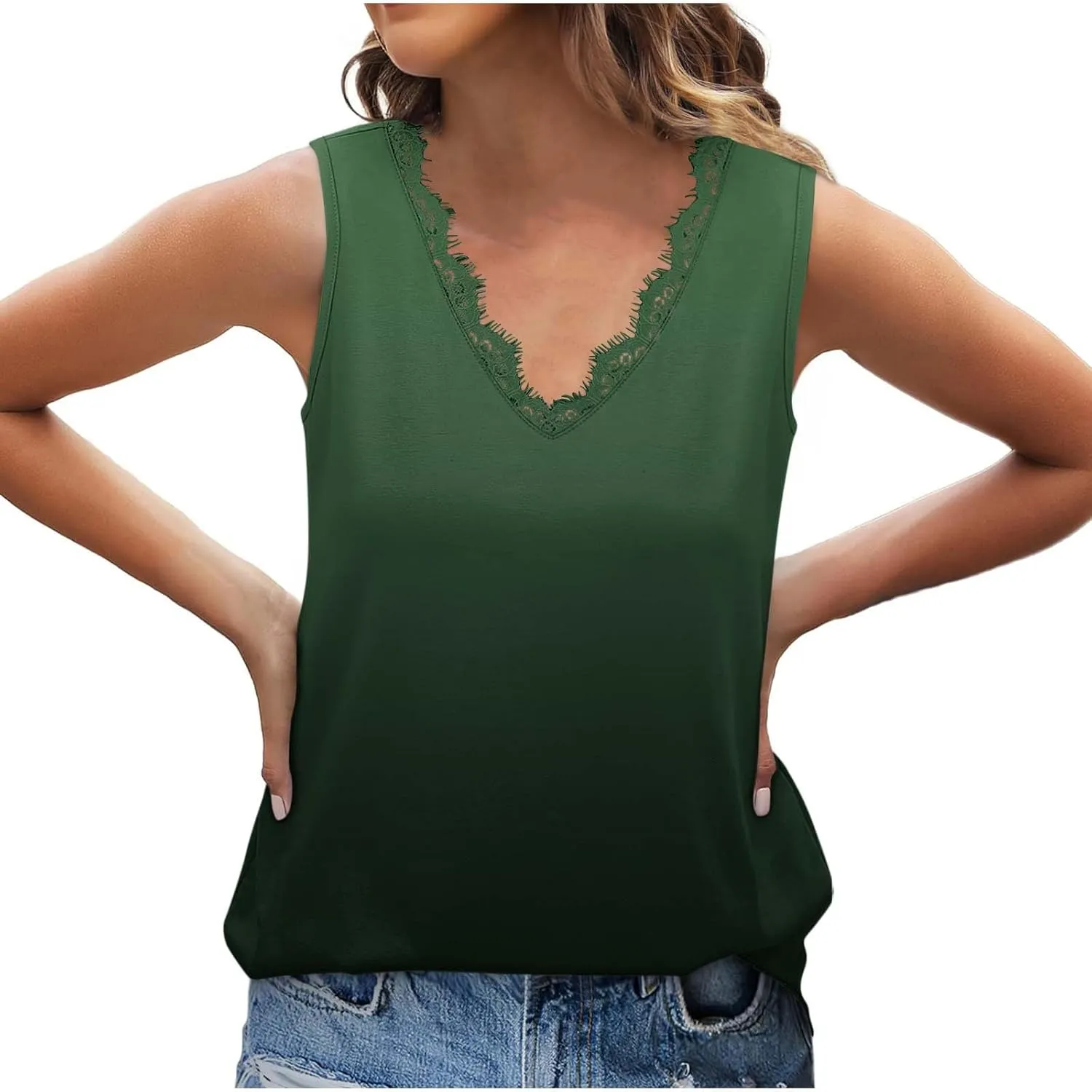 Women Tank Tops Trendy Lace V Neck Sleeveless Blouse Casual Summer Gradient Beach Holiday Camisole Tunic Shirts
