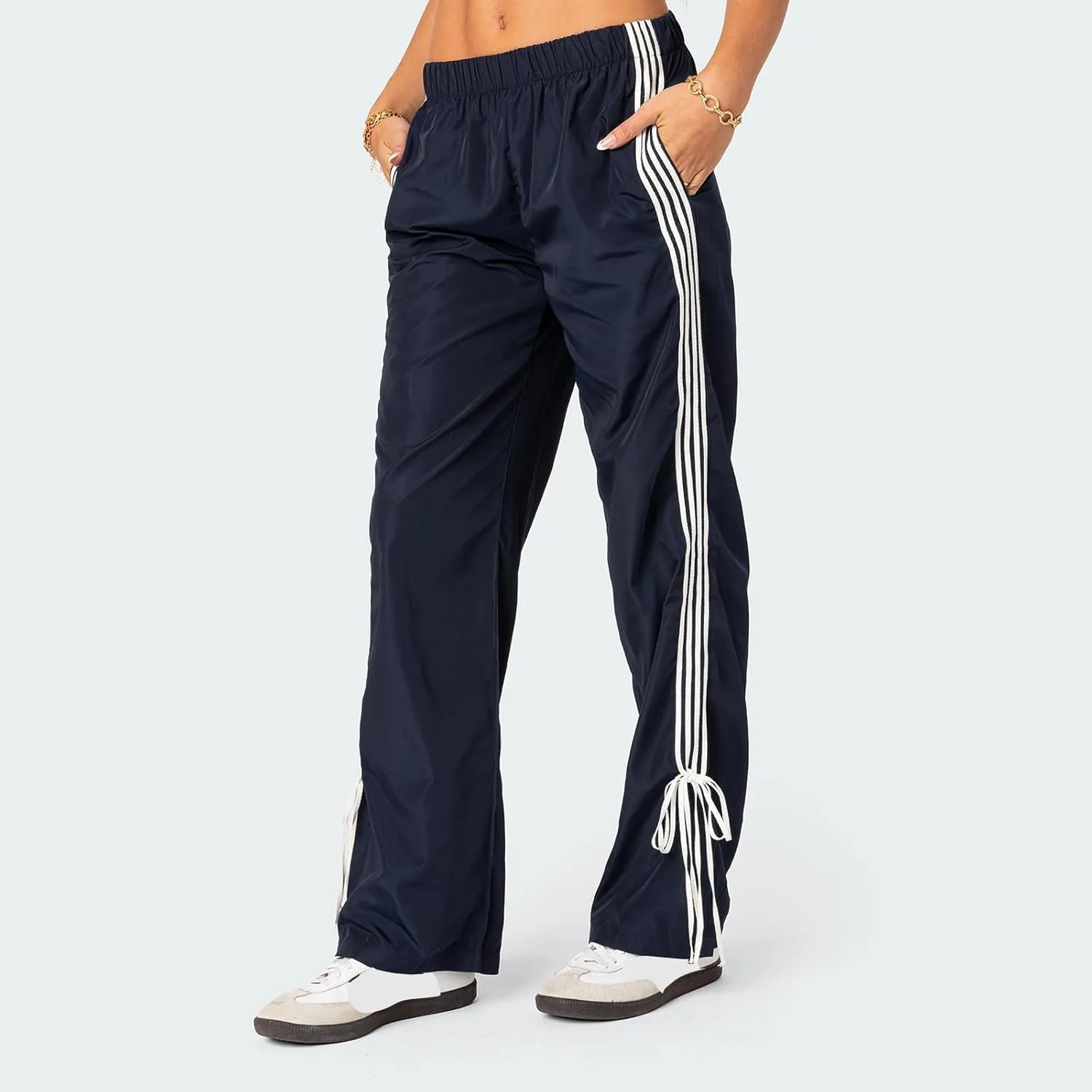 Women Y2K Drawstring Sweatpants Low Rise Wide Leg Ankle Slit Fold Over Pants Comfy Jogger Trousers with Pocket