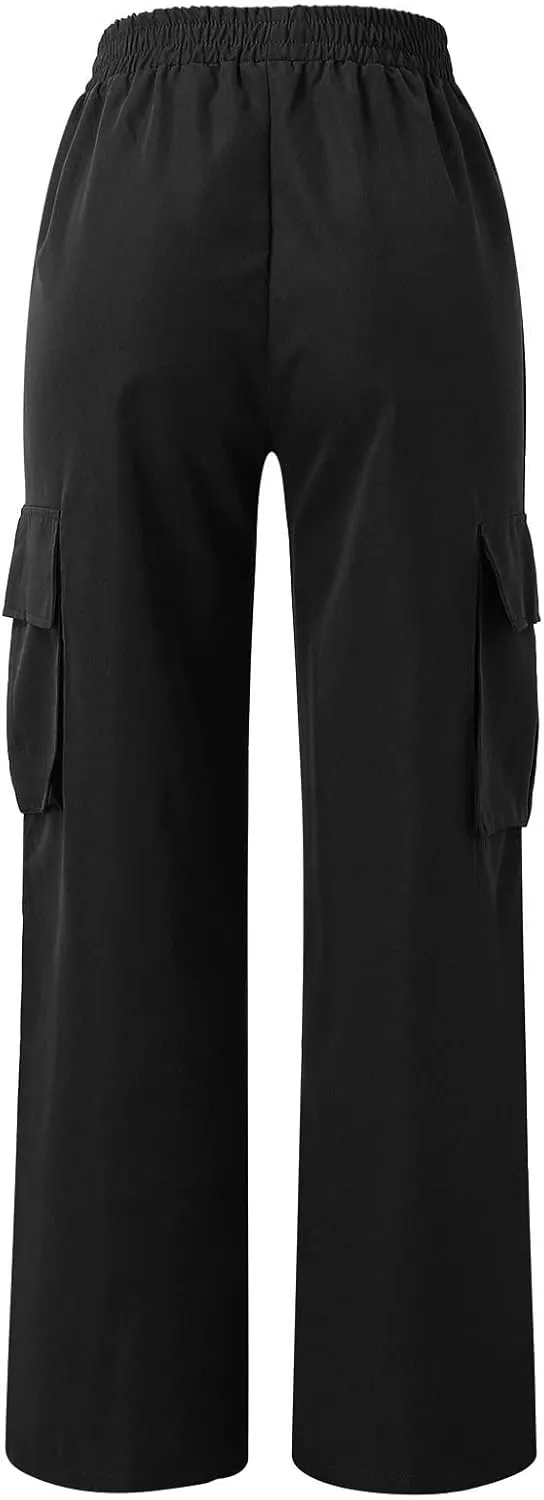 Women's Belt Less High Waisted Wide Straight Leg Relaxed Style Trousers Casual Cropped Pants with Side Pockets