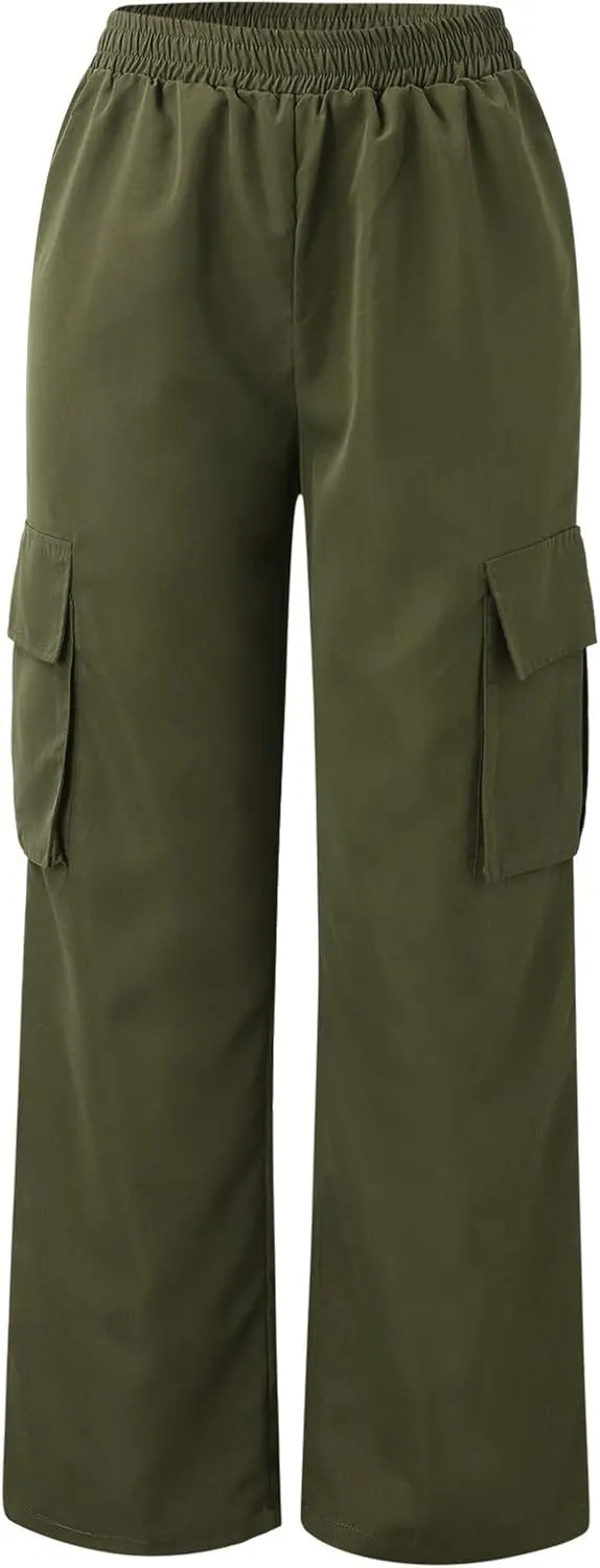 Women's Belt Less High Waisted Wide Straight Leg Relaxed Style Trousers Casual Cropped Pants with Side Pockets