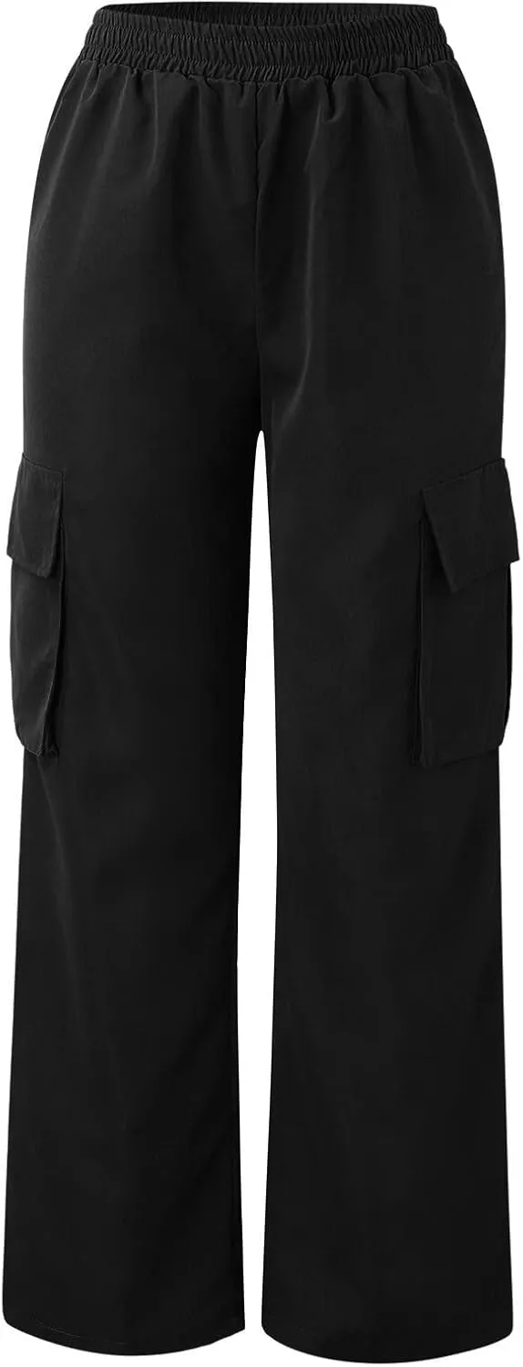 Women's Belt Less High Waisted Wide Straight Leg Relaxed Style Trousers Casual Cropped Pants with Side Pockets