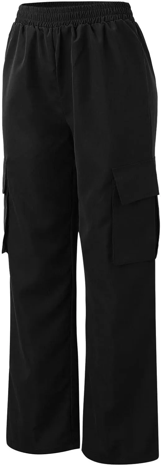 Women's Belt Less High Waisted Wide Straight Leg Relaxed Style Trousers Casual Cropped Pants with Side Pockets