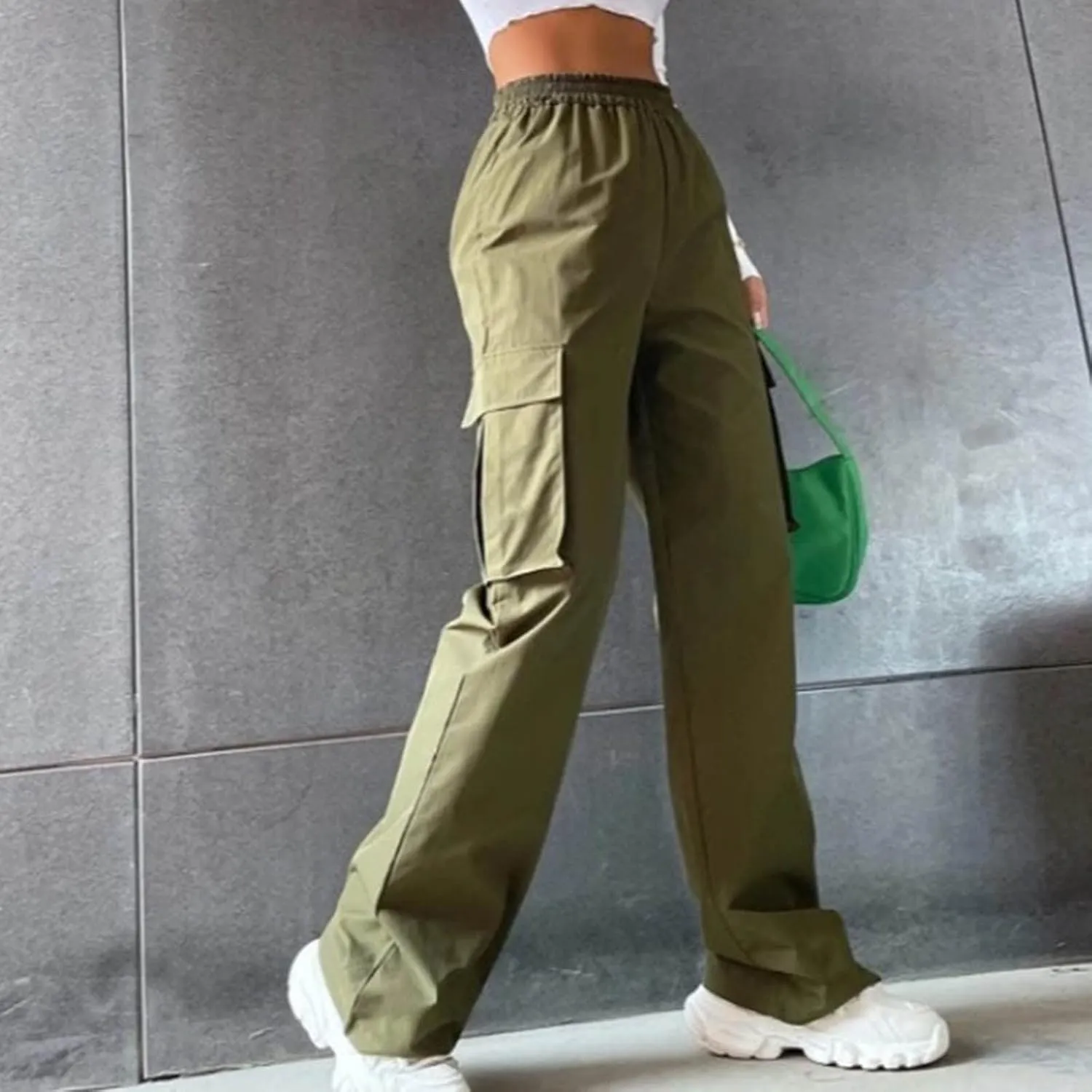Women's Belt Less High Waisted Wide Straight Leg Relaxed Style Trousers Casual Cropped Pants with Side Pockets