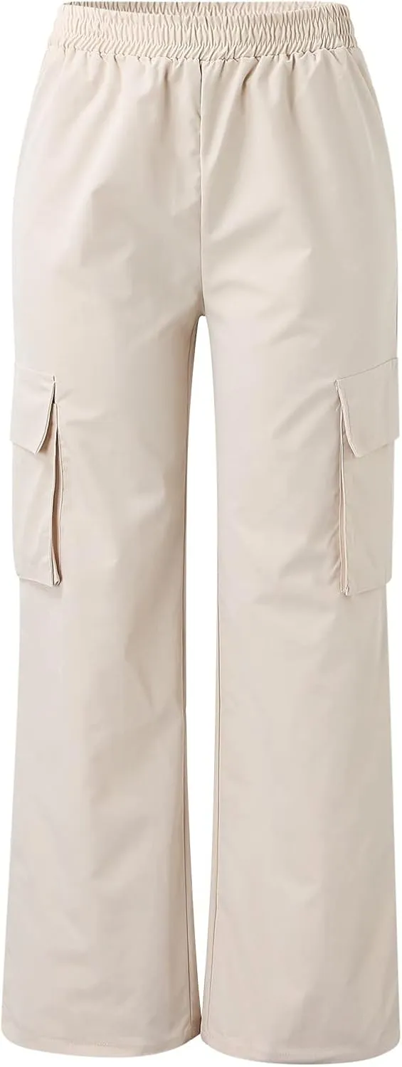 Women's Belt Less High Waisted Wide Straight Leg Relaxed Style Trousers Casual Cropped Pants with Side Pockets