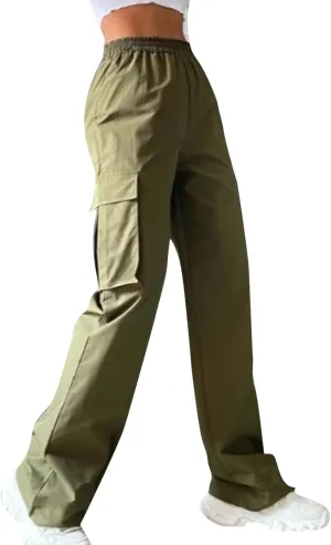 Women's Belt Less High Waisted Wide Straight Leg Relaxed Style Trousers Casual Cropped Pants with Side Pockets