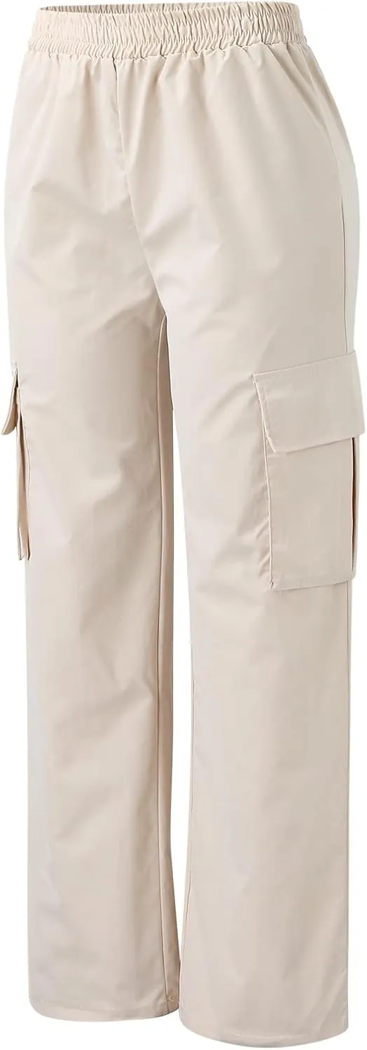 Women's Belt Less High Waisted Wide Straight Leg Relaxed Style Trousers Casual Cropped Pants with Side Pockets
