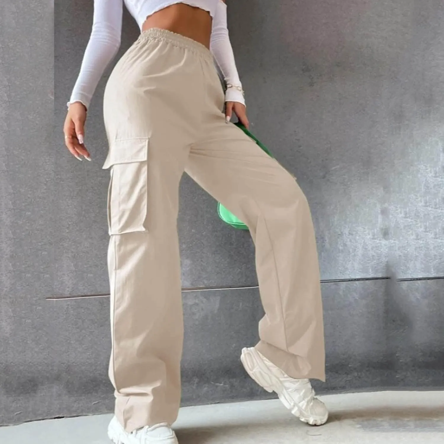 Women's Belt Less High Waisted Wide Straight Leg Relaxed Style Trousers Casual Cropped Pants with Side Pockets