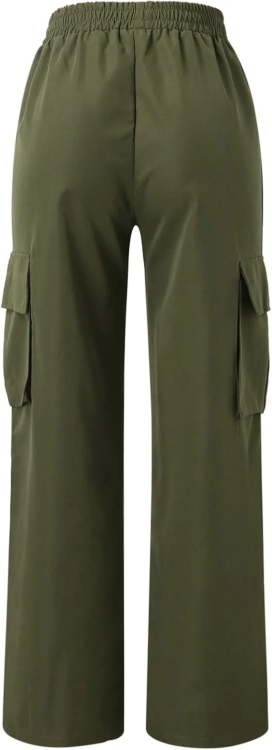 Women's Belt Less High Waisted Wide Straight Leg Relaxed Style Trousers Casual Cropped Pants with Side Pockets