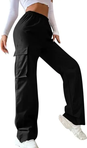 Women's Belt Less High Waisted Wide Straight Leg Relaxed Style Trousers Casual Cropped Pants with Side Pockets