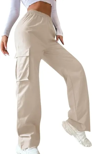 Women's Belt Less High Waisted Wide Straight Leg Relaxed Style Trousers Casual Cropped Pants with Side Pockets