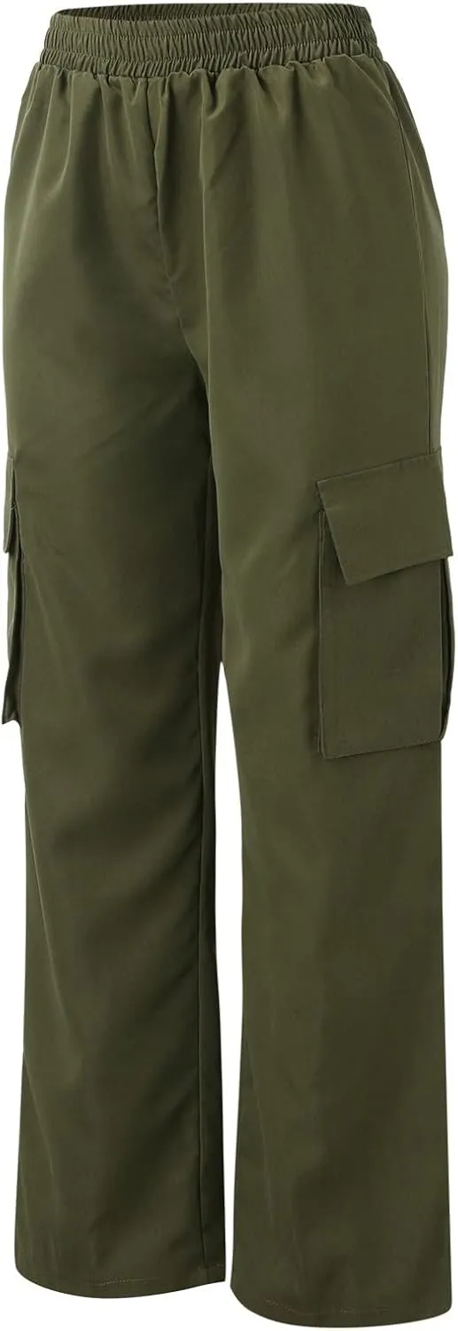 Women's Belt Less High Waisted Wide Straight Leg Relaxed Style Trousers Casual Cropped Pants with Side Pockets