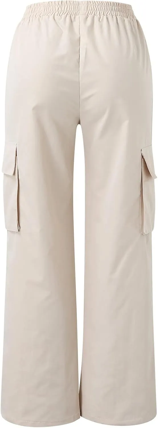Women's Belt Less High Waisted Wide Straight Leg Relaxed Style Trousers Casual Cropped Pants with Side Pockets
